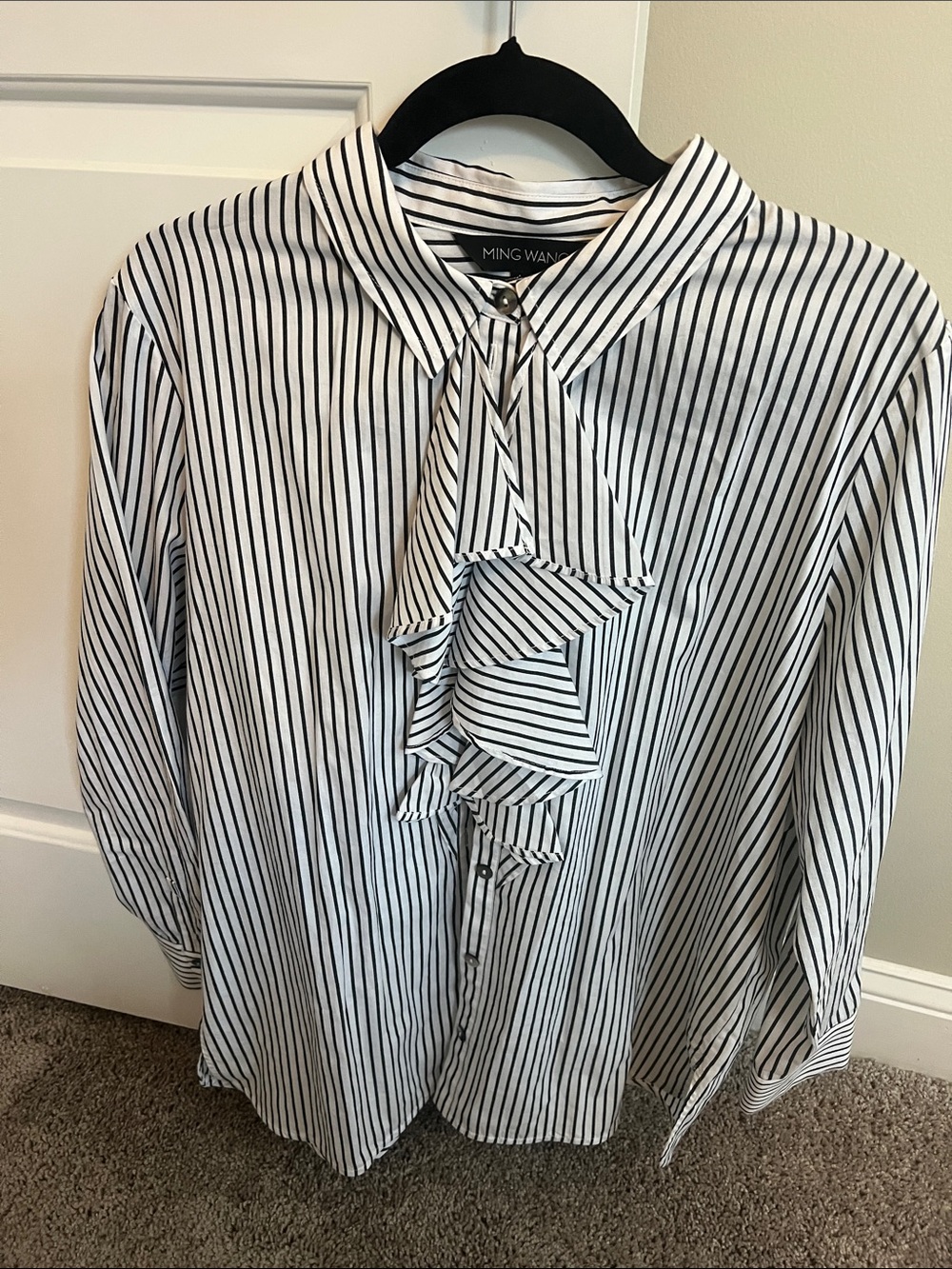 Ming Wang Striped Ruffle Tie Neck Blouse Women’s Size L